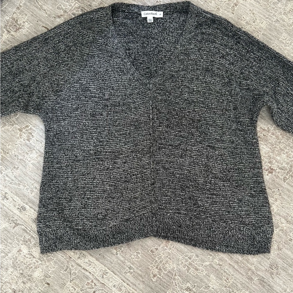 Calvin Klein Sz L Black Mohair Blend V Neck 3/4 Sleeve Pullover Knit Sweater